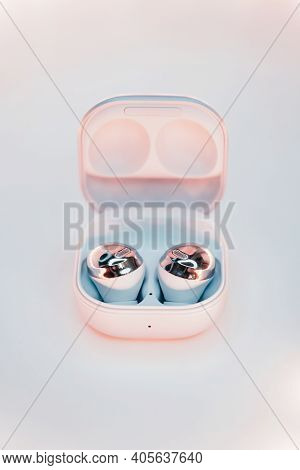 Kiev, Ukraine - 29.01.2021: A Box With New Headphones Samsung Buds Pro On White Background