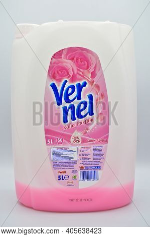 Plastic Black Detergent Bottle, Vernel Fabric Softener, Istanbul Turkey March 17, 2019 Isolated On W