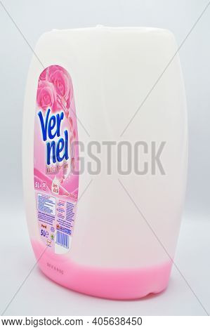 Plastic Black Detergent Bottle, Vernel Fabric Softener, Istanbul Turkey March 17, 2019 Isolated On W
