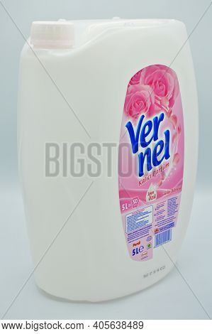 Plastic Black Detergent Bottle, Vernel Fabric Softener, Istanbul Turkey March 17, 2019 Isolated On W