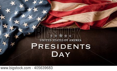 Happy Presidents Day Concept With Vintage Flag Of The United States On Dark Stone Background.