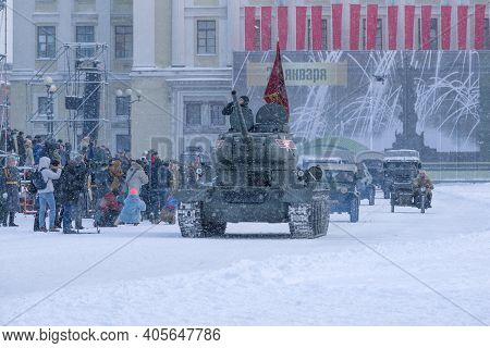 Saint Petersburg, Russia - January 24, 2019: Soviet T-34-85 Tank Opens A Military Parade In Honor Of