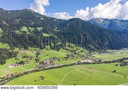 Aerial Drone Shot Of Zillertal Valley With Clouds In Tyrol Austria Summer