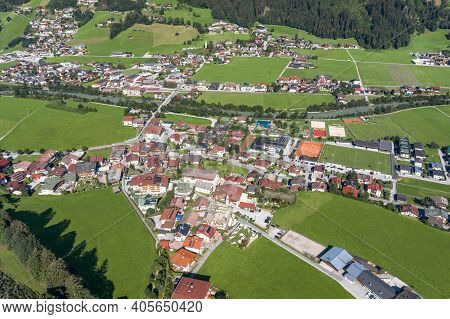 Aerial Drone Shot Of Zillertal Valley With Clouds In Tyrol Austria Summer