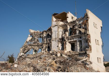 Ruins Of An Abandoned And Demolished Building. Concept Of New Development, Construction Site Real Es