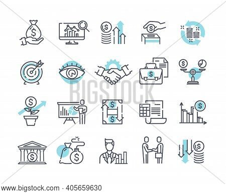 Financial Management Outline Icons, Trade Service And Investment Strategy. Collection Of Thin Line P
