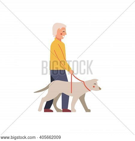 Illustration Featuring An Elderly Man Taking His Dog For A Walk
