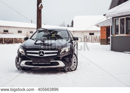 Moscow, Russia-january 10, 2021: Black Luxury Crossover Mercedes Benz Gla 250 On A Suburban Plot In 