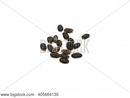 Group Of Luffa Or Loofah, Luffa Aegyptiaca Seeds Isolated On White Background