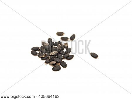 Group Of Luffa Or Loofah, Luffa Aegyptiaca Seeds Isolated On White Background
