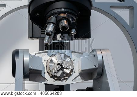 Moscow, Russia - January 5, 2020: Metalworking Exhibition. Industrial Microscope For Metalworking Ma