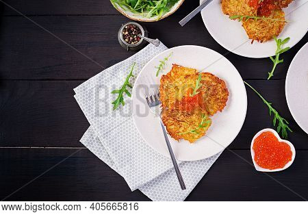 Fried Potato Pancakes With Red Caviar And Sour Cream, Fritter, Roesti. Traditional Delicious Food, L