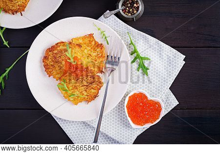 Fried Potato Pancakes With Red Caviar And Sour Cream, Fritter, Roesti. Traditional Delicious Food, L