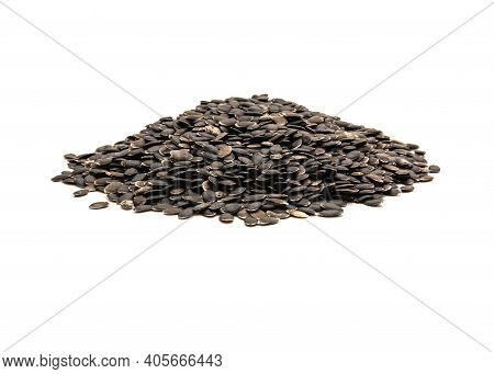 Top View Huge Mound Of Luffa Or Loofah, Luffa Aegyptiaca Seeds Isolated On White Background