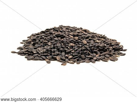 Studio Shot Pile Of Luffa Or Loofah, Luffa Aegyptiaca Seeds Isolated On White Background