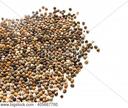 Many Okra Or Lady Fingers, Abelmoschus Esculentus Seeds Spreading Isolated On White Background