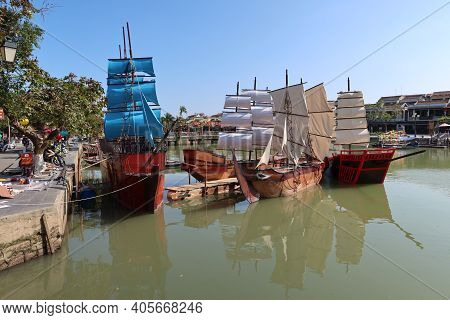 Hoi An, Vietnam, January 16, 2021: Recreation Of Old Boats For The Hoi An Show Anchored In The Thu B