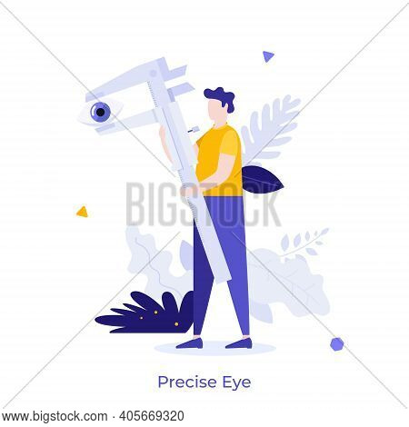 Man Measuring Human Eye With Vernier Caliper. Concept Of Engineering Tool For Precise Dimension Meas