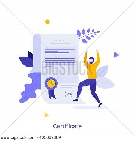 Man And Document With Wafer Seal And Ribbon. Diploma Or Certificate Of Honor, Merit, Appreciation, E