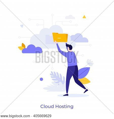 Man Putting Floder On Cloud. Concept Of Internet Hosting, Online Service For File Management And Dig