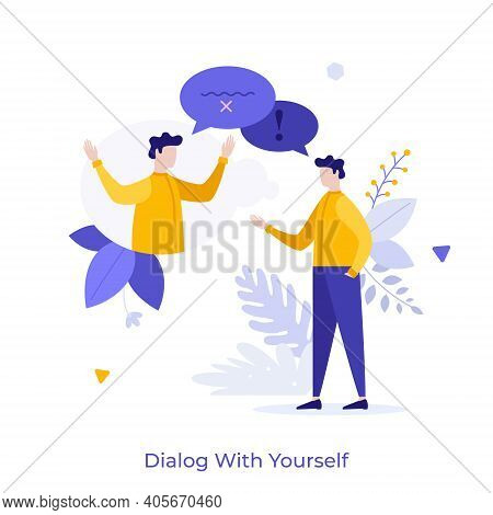Man Chatting With Himself Or His Twin. Concept Of Dialog Or Conversation With Yourself, Inner Voice 