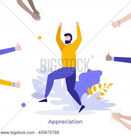 Happy Bearded Man Surrounded By Clapping Hands Of Applauding People. Concept Of Social Success, Publ