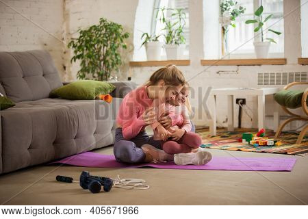 Resting, Laughting. Young Woman Exercising Fitness, Aerobic, Yoga At Home, Sporty Lifestyle. Getting