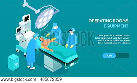 Medical Operating Room Equipment Isometric Horizontal Banner Surgical Table Lights Intensive Care Un