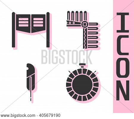 Set Canteen Water Bottle, Saloon Door, Feather Pen And Indian Headdress With Feathers Icon. Vector