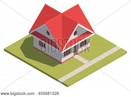 Suburban House Isometry. Hyper Detailing Isometric View Of A Isolated House With A Red Roof. 3d Fami