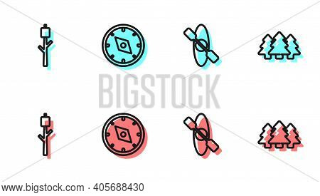 Set Line Kayak Or Canoe, Marshmallow On Stick, Compass And Forest Icon. Vector