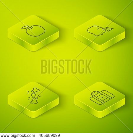 Set Isometric Line Vomiting Man, Human Broken Bone, First Aid Kit And Apple Icon. Vector