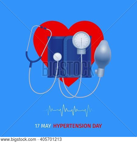 World Hypertension Day Poster With Tonometer On Heart Symbol Above Electrocardiogram Rate Graph Blue