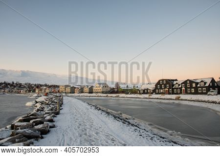 Town Of Akureyri In North Iceland On A Sunny Winter Day
