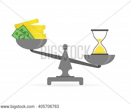 Concept Of Time And Money. Time Is More Valuable Than Money. Time Is Money On Scales Icon On A White