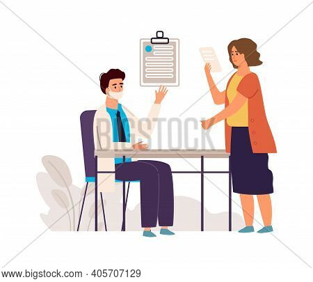 Doctor And Patient. Medical Check Up Concept. Cartoon Physician Consulting Woman In Clinic, Therapis