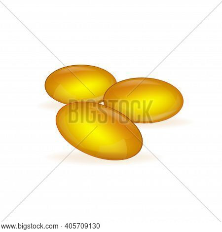 3d Oil Capsule For Marketing Design. Golden Omega 3 On White Background. Cosmetic Symbol Icon. . Log