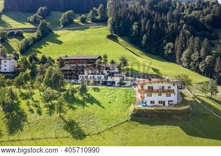 Aerial Drone Shot Of Typical Houses In Zillertal Valley Austria Summer