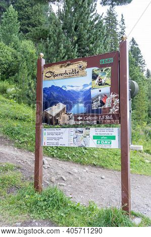 Zillertal, Austria - Aug 6, 2020: Trekking Road Sign Of Olpererhutte