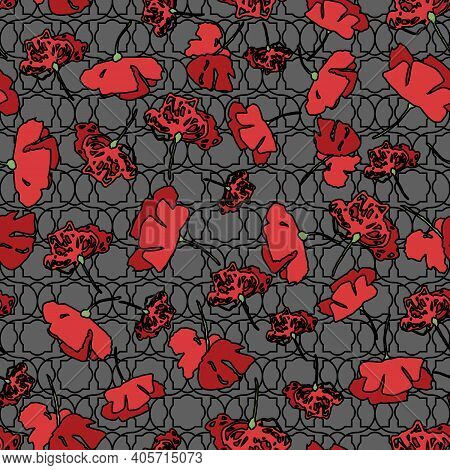 Red Poppies Seamless Vector Pattern On Gray. Surface Print Design For Fabrics, Stationery, Scrapbook