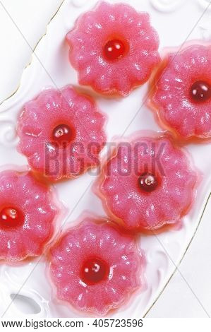 Berry Pudding On A White Background.fruit Jelly. Flat Lay. Pudding Of Cranberries. Vegan Food. Healt