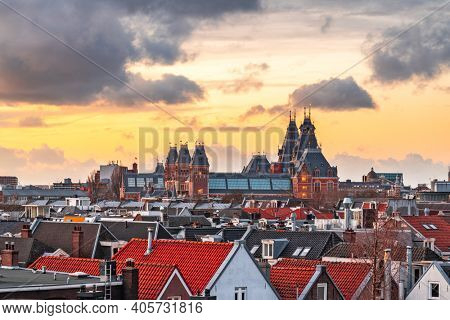 Amsterdam; Netherlands view of the cityscape from De Pijp at dusk.