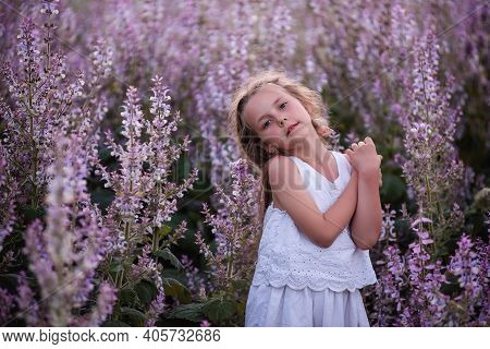 Close-up Portraits Of A Little Girl With Long Flowing Hair In Blooming Pink Sage Field. Dreamer Blon