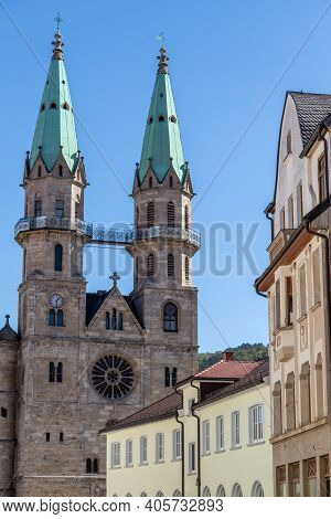 Street With Historic House Facades And View To The Town Church In Meiningen, Thuringia
