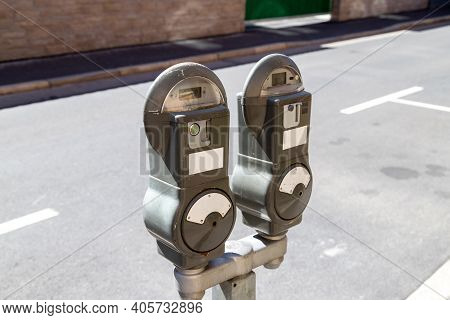 Older Parking Meters On A Street In The Thuringian Town Meiningen, Germany