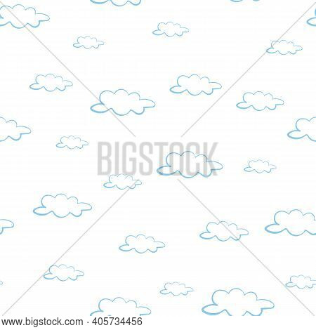 Simple Blue Clouds Seamless Vector Pattern On White. Surface Print Design For Fabrics, Stationery, S