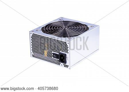Desktop Power Supply With 120mm Cooler Isolated On A White Background.