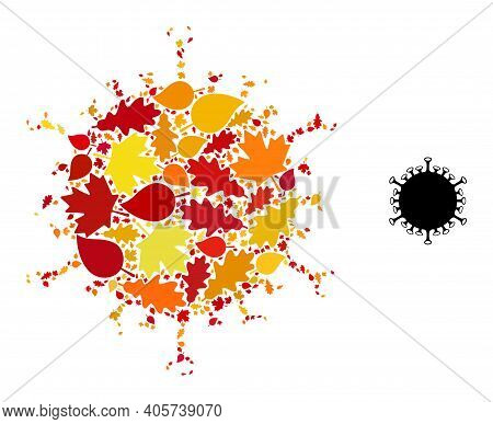 Flu Virus Mosaic Icon Created For Fall Season. Vector Flu Virus Mosaic Is Made Of Scattered Autumn M