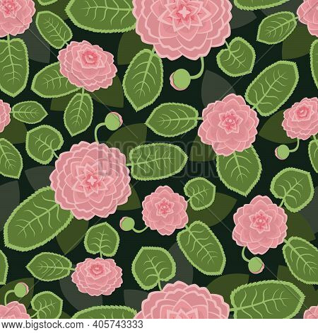 Camellia Seamless Pattern. Blooming, Camellia, Flowers, Buds, And, Leaves., Suitable, For, Spring, V