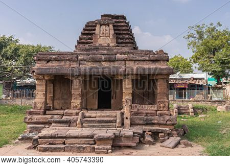 Aihole, Karnataka, India - November 7, 2013:closeup Of Badigera Gudi Temple In Brown Stone. Blue Sky